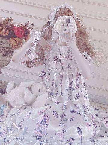 Sweet Lolita OP Dress Polyester Short Sleeves Bows Ruffles Floral Print White Lolita One Piece Dress