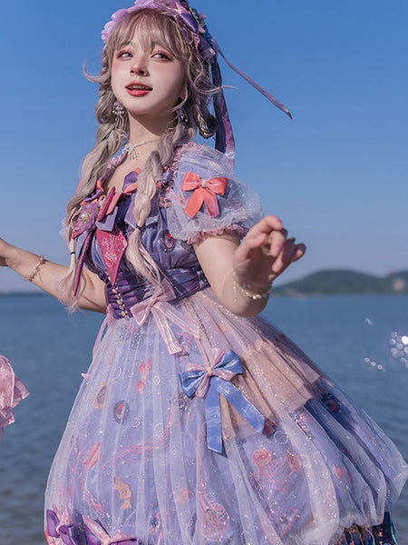 Sweet Lolita OP Dress Polyester Short Sleeves Bows Ruffles Short Lolita One Piece Dress