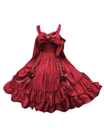 Sweet Lolita OP Dress Polyester Short Sleeves Burgundy Lolita One Piece Dress Princess Dress