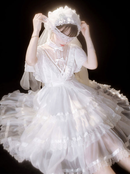 Sweet Lolita OP Dress Polyester Short Sleeves Ruffles Bows Lace White Lolita One Piece Dress