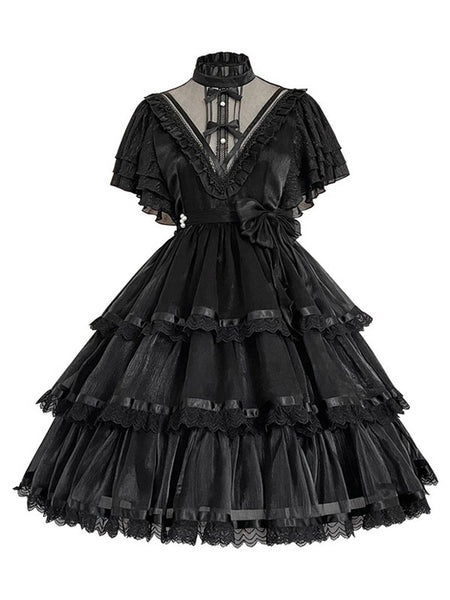 Sweet Lolita OP Dress Polyester Short Sleeves Ruffles Bows Lace White Lolita One Piece Dress