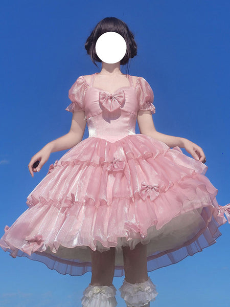 Sweet Lolita OP Dress Polyester Short Sleeves Ruffles Bows Pink Lolita One Piece Dress