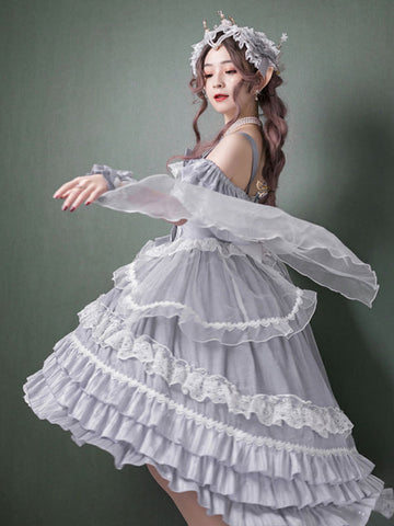 Sweet Lolita OP Dress Polyester Short Sleeves Ruffles Sliver Sweet Lolita One Piece Dress