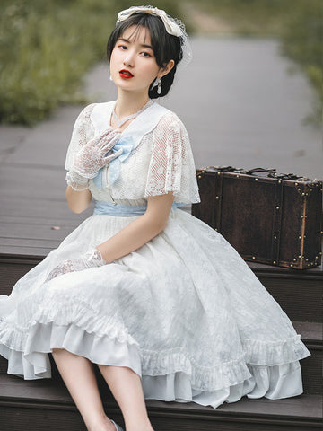 Sweet Lolita OP Dress Polyester Short Sleeves White Lace Sweet Lolita One Piece Dress