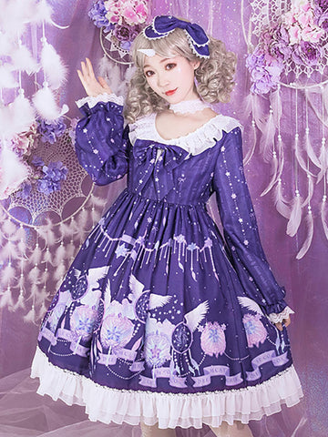 Sweet Lolita OP Dress Purple Long Sleeves Polyester Bows Daily Casual Lolita One Piece Dresses