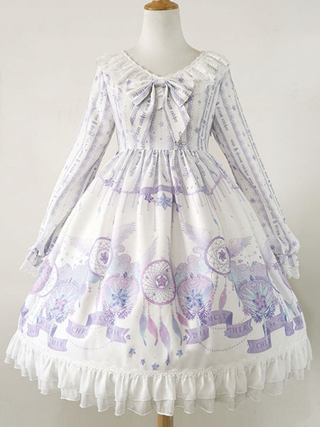 Sweet Lolita OP Dress Purple Long Sleeves Polyester Bows Daily Casual Lolita One Piece Dresses
