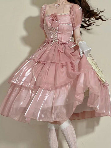 Sweet Lolita OP Dress Ruffles Light Sky Blue Floral Print Short Sleeves Lolita One Piece Dresses