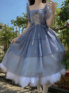 Sweet Lolita OP Dress Ruffles Light Sky Blue Floral Print Short Sleeves Lolita One Piece Dresses