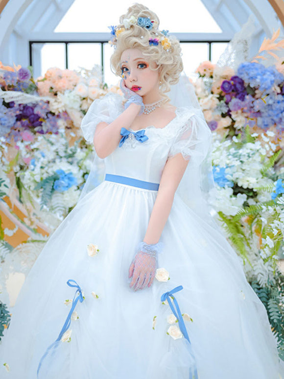Sweet Lolita OP Dress Ruffles White Floral Print Short Sleeves Lolita One Piece Dresses