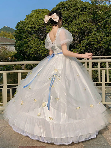 Sweet Lolita OP Dress Ruffles White Floral Print Short Sleeves Lolita One Piece Dresses