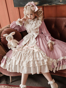 Sweet Lolita OP Dress Ruffles Bows Long Sleeves Pink Tea Party Lolita One Piece Dresses