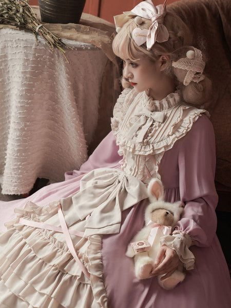 Sweet Lolita OP Dress Ruffles Bows Long Sleeves Pink Tea Party Lolita One Piece Dresses