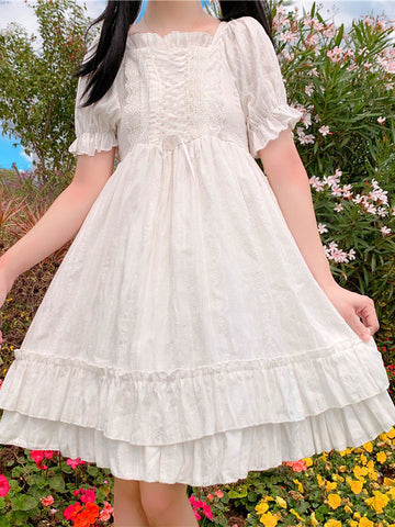Sweet Lolita OP Dress Short Sleeves Lace Up Academic Fairytale White Lolita One Piece Dress
