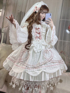 Sweet Lolita OP Dress Wedding Dress Removable Sleeves Polyester Ruffles Lace Bows White Lolita One Piece Dress