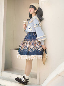 Sweet Lolita Outfits Baby Blue Animal Print Ruffles Bows Long Sleeves Top Bowknot Overskirt Set