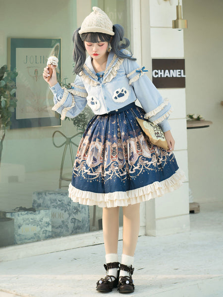 Sweet Lolita Outfits Baby Blue Animal Print Ruffles Bows Long Sleeves Top Bowknot Overskirt Set