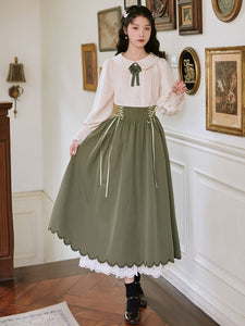 Sweet Lolita Outfits Black Bow Lace Ruffles Lace Up Long Sleeves Long Skirt Blouse