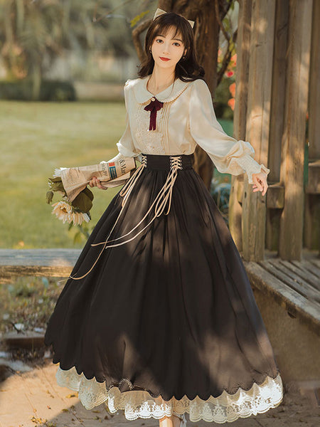 Sweet Lolita Outfits Black Bow Lace Ruffles Lace Up Long Sleeves Long Skirt Blouse