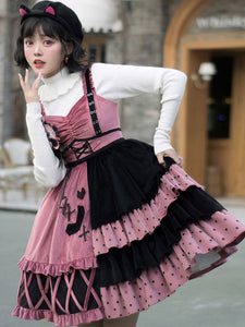 Sweet Lolita Outfits Black Bows Ruffles Crewneck Long Sleeves Lolita Jumper Skirt