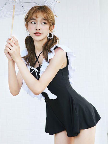 Sweet Lolita Outfits Black Lace Up Ruffles Sleeveless Lolita Swimming Suit