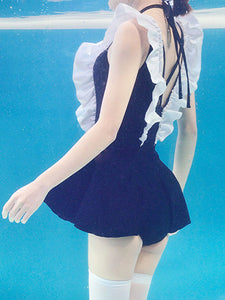Sweet Lolita Outfits Black Lace Up Ruffles Sleeveless Lolita Swimming Suit