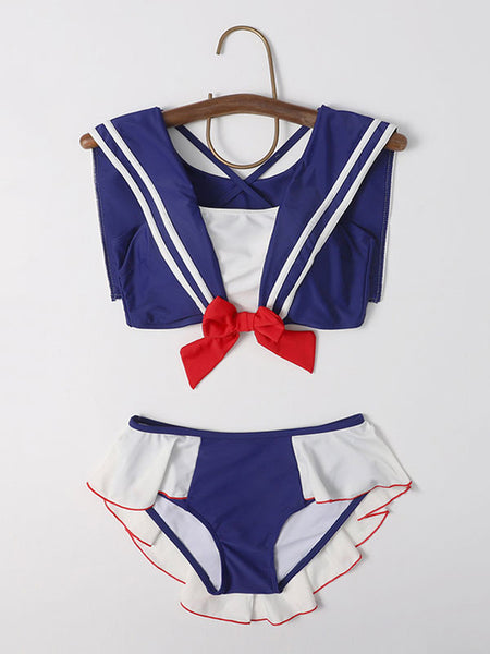 Sweet Lolita Outfits Blue Bow Ruffles Bows Sleeveless Pants Top Swimming Suit Outfit