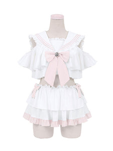 Sweet Lolita Outfits Pink Bows Short Sleeves Top Ruffles Skirt 2-Piece Set