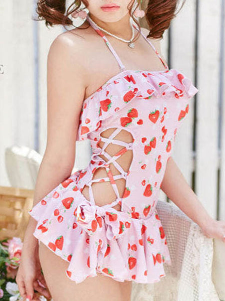 Sweet Lolita Outfits Pink Lace Up Ruffles Fruit Pattern Sleeveless Jumpsuit Swimming Suit