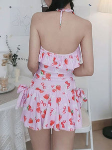 Sweet Lolita Outfits Pink Lace Up Ruffles Fruit Pattern Sleeveless Jumpsuit Swimming Suit
