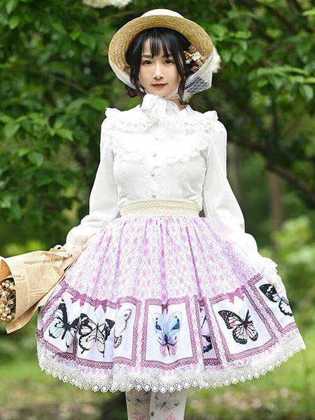 Sweet Lolita Overskirt Butterfly Floral Pattern Lavender Lace Lolita Skirts