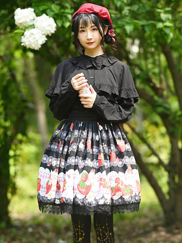 Sweet Lolita Overskirt Fruit Floral Pattern Black Lace Lolita Skirts
