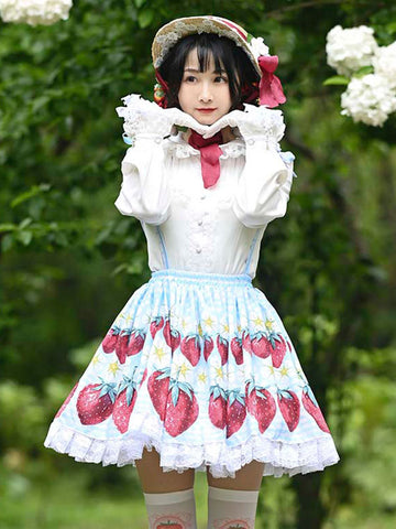 Sweet Lolita Overskirt Strawberry Pattern Light Sky Blue Lace Lolita Skirts