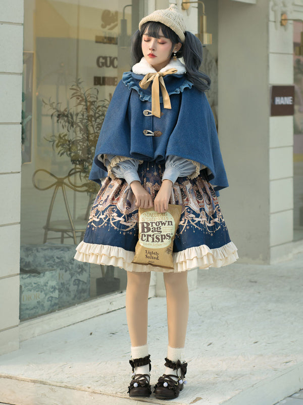 Sweet Lolita Poncho Dark Navy Polyester Lace Up Spring Lolita Pocho Cape Only Outwears