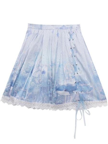 Sweet Lolita SK Lace Up Baby Blue Animal Print Polyester Lace Up Lolita Skirts