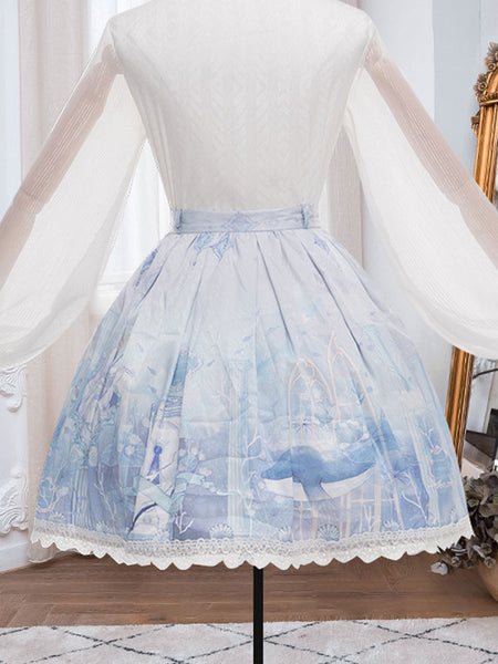 Sweet Lolita SK Lace Up Baby Blue Animal Print Polyester Lace Up Lolita Skirts