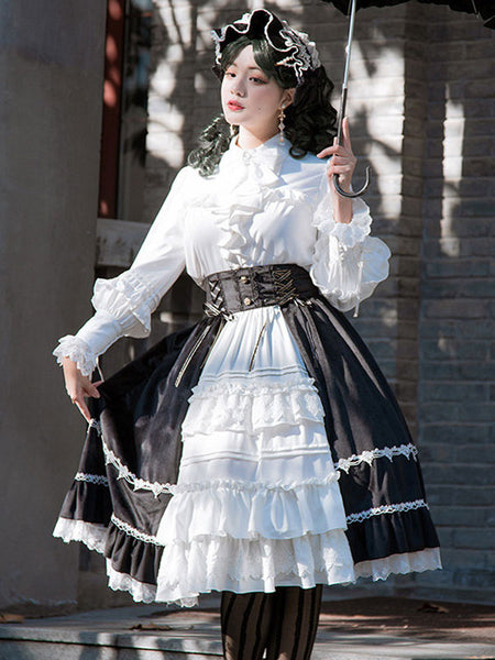 Sweet Lolita SK Overskirt Two-Tone Black White Pleated Ruffles Sleeveless Sweet Lolita Skirts