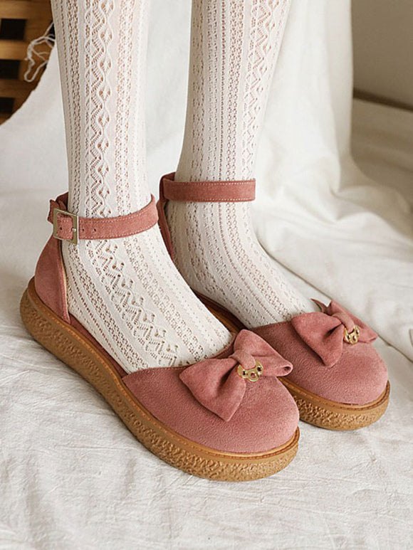 Sweet Lolita Sandals Bows Monogram Suede Round Toe Pink Lolita Summer Flat Shoes