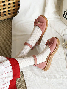 Sweet Lolita Sandals Bows Monogram Suede Round Toe Pink Lolita Summer Flat Shoes