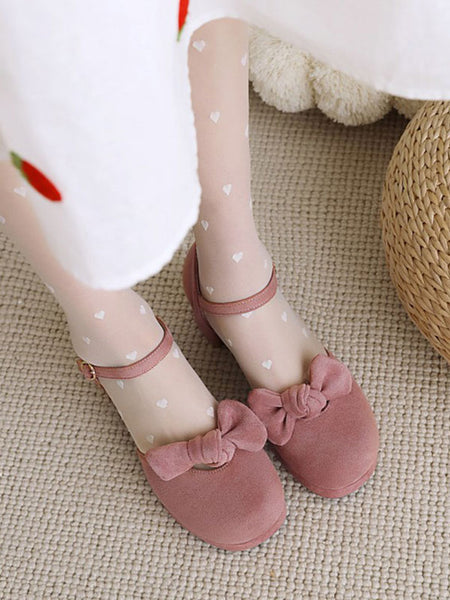 Sweet Lolita Sandals Bows Round Toe Chunky Heel Monogram Suede Pink Lolita Summer Ankle Strap Heels