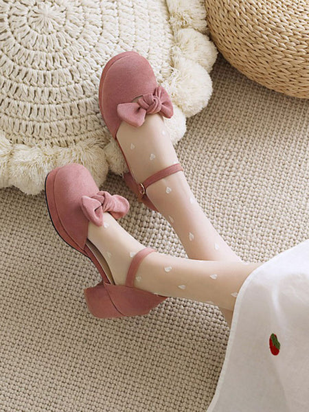 Sweet Lolita Sandals Bows Round Toe Chunky Heel Monogram Suede Pink Lolita Summer Ankle Strap Heels