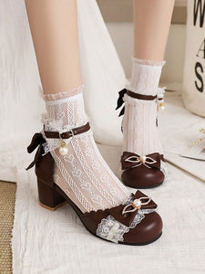Sweet Lolita Sandals Bows Round Toe Chunky Heel PU Leather Coffee Brown Lolita Summer Ankle Strap Heels