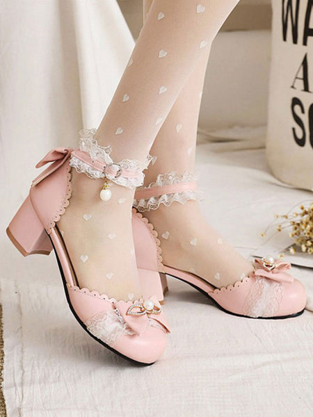 Sweet Lolita Sandals Bows Round Toe Chunky Heel PU Leather Coffee Brown Lolita Summer Ankle Strap Heels