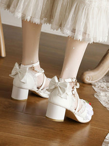 Sweet Lolita Sandals Bows Round Toe Chunky Heel PU Leather Pink Lolita Summer Ankle Strap Heels