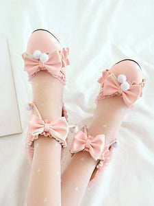 Sweet Lolita Sandals Bows Round Toe PU Leather Chunky Heel Daily Casual Pink Lolita Summer Ankle Strap Heels