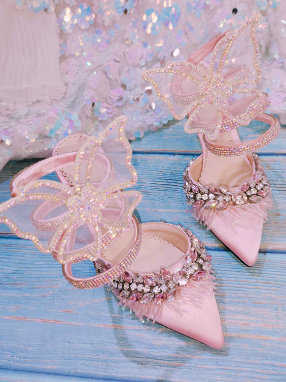 Sweet Lolita Sandals Butterfly Textile Pointed Toe Pink Customize Lolita Summer Stiletto Heels