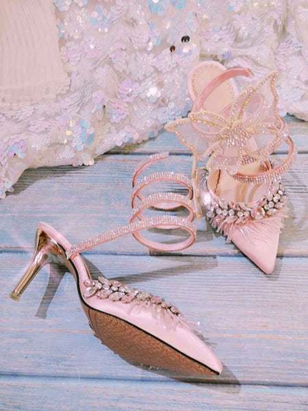 Sweet Lolita Sandals Butterfly Textile Pointed Toe Pink Customize Lolita Summer Stiletto Heels