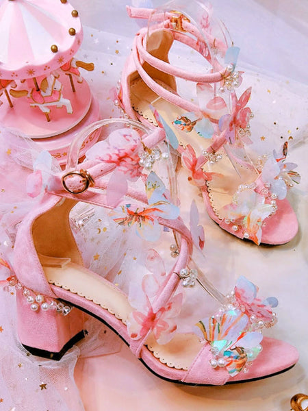 Sweet Lolita Sandals Butterfly Flowers Round Toe Low Heels Lolita Summer Customize Sandals