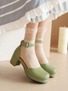 Sweet Lolita Sandals Green PU Leather Round Toe Chunky Heel Lolita Summer Ankle Strap Heels