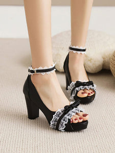 Sweet Lolita Sandals Peep Toe Chunky Heel PU Leather Daily Casual Black Lolita Summer Ankle Strap Heels