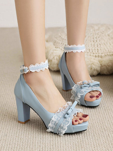 Sweet Lolita Sandals Peep Toe Chunky Heel PU Leather Daily Casual Black Lolita Summer Ankle Strap Heels